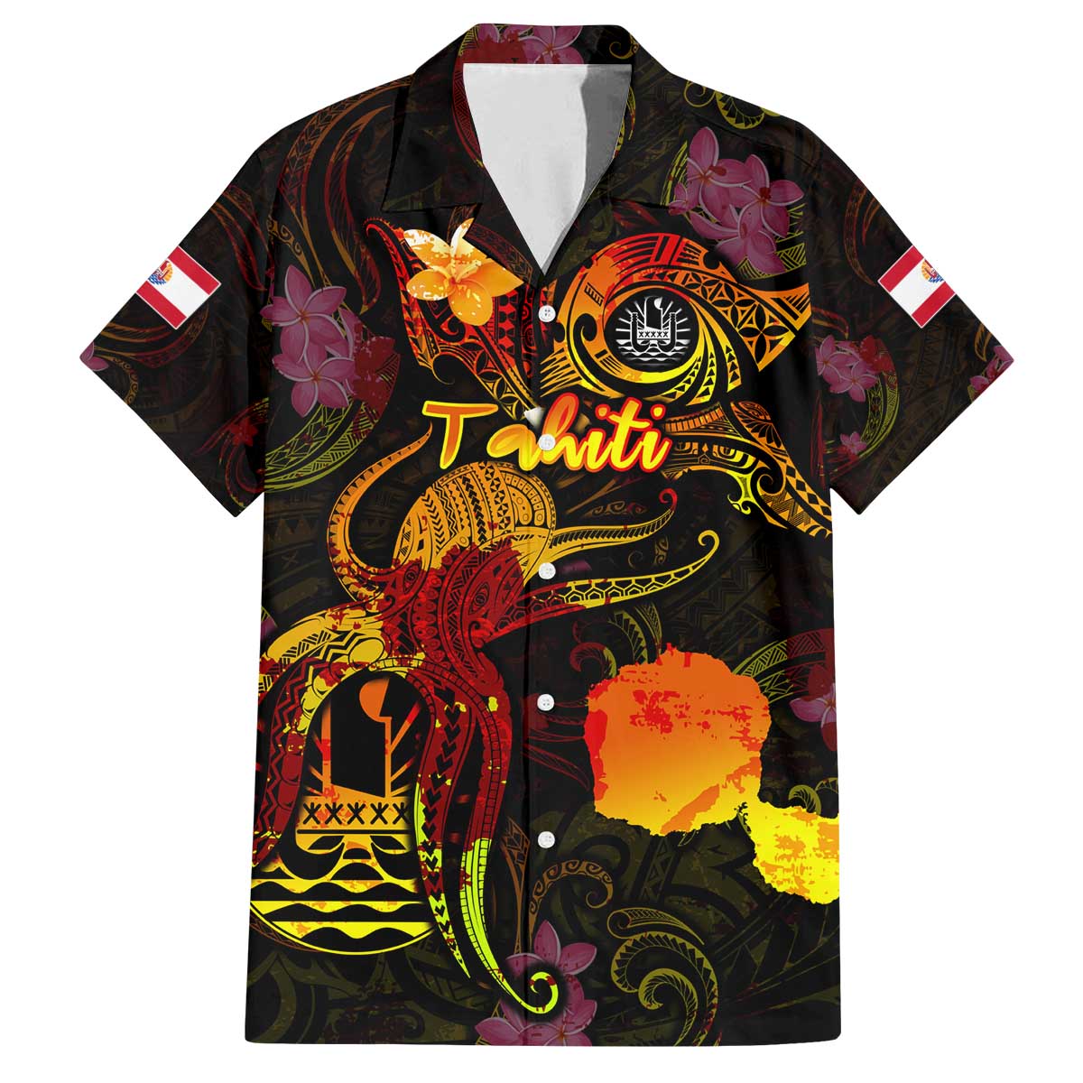 Tahiti French Polynesia Family Matching Off The Shoulder Long Sleeve Dress and Hawaiian Shirt Octopus Plumeria Polynesian Tattoo DT02 Dad's Shirt - Short Sleeve Black - Polynesian Pride