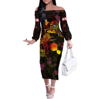 Tahiti French Polynesia Family Matching Off The Shoulder Long Sleeve Dress and Hawaiian Shirt Octopus Plumeria Polynesian Tattoo DT02 Mom's Dress Black - Polynesian Pride