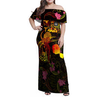 Tahiti French Polynesia Family Matching Off Shoulder Maxi Dress and Hawaiian Shirt Octopus Plumeria Polynesian Tattoo DT02 Mom's Dress Black - Polynesian Pride