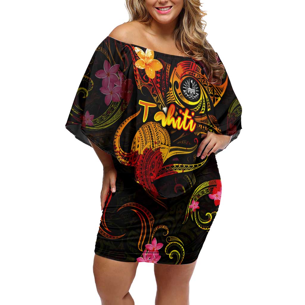 Tahiti French Polynesia Family Matching Off Shoulder Short Dress and Hawaiian Shirt Octopus Plumeria Polynesian Tattoo DT02 Mom's Dress Black - Polynesian Pride
