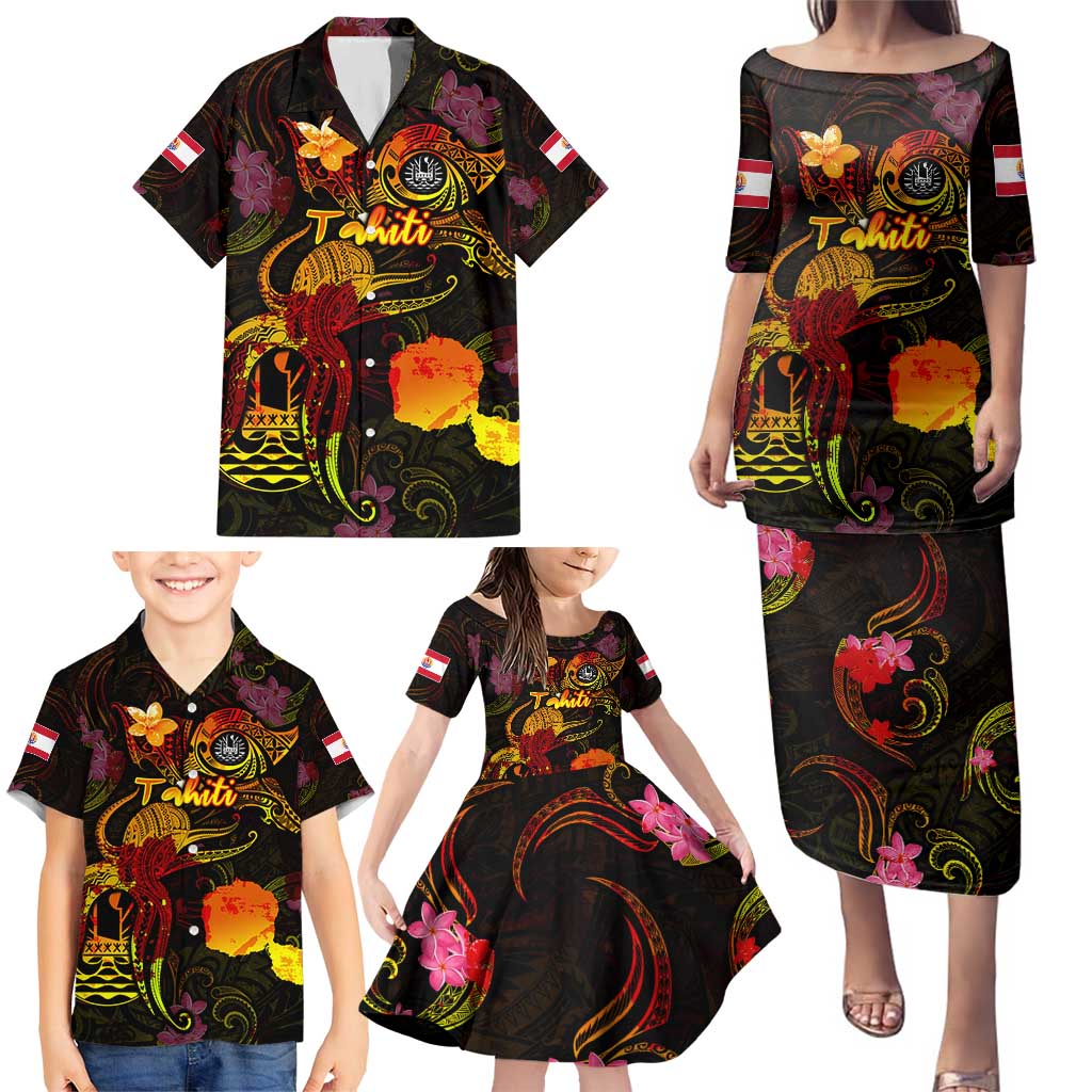 Tahiti French Polynesia Family Matching Puletasi and Hawaiian Shirt Octopus Plumeria Polynesian Tattoo