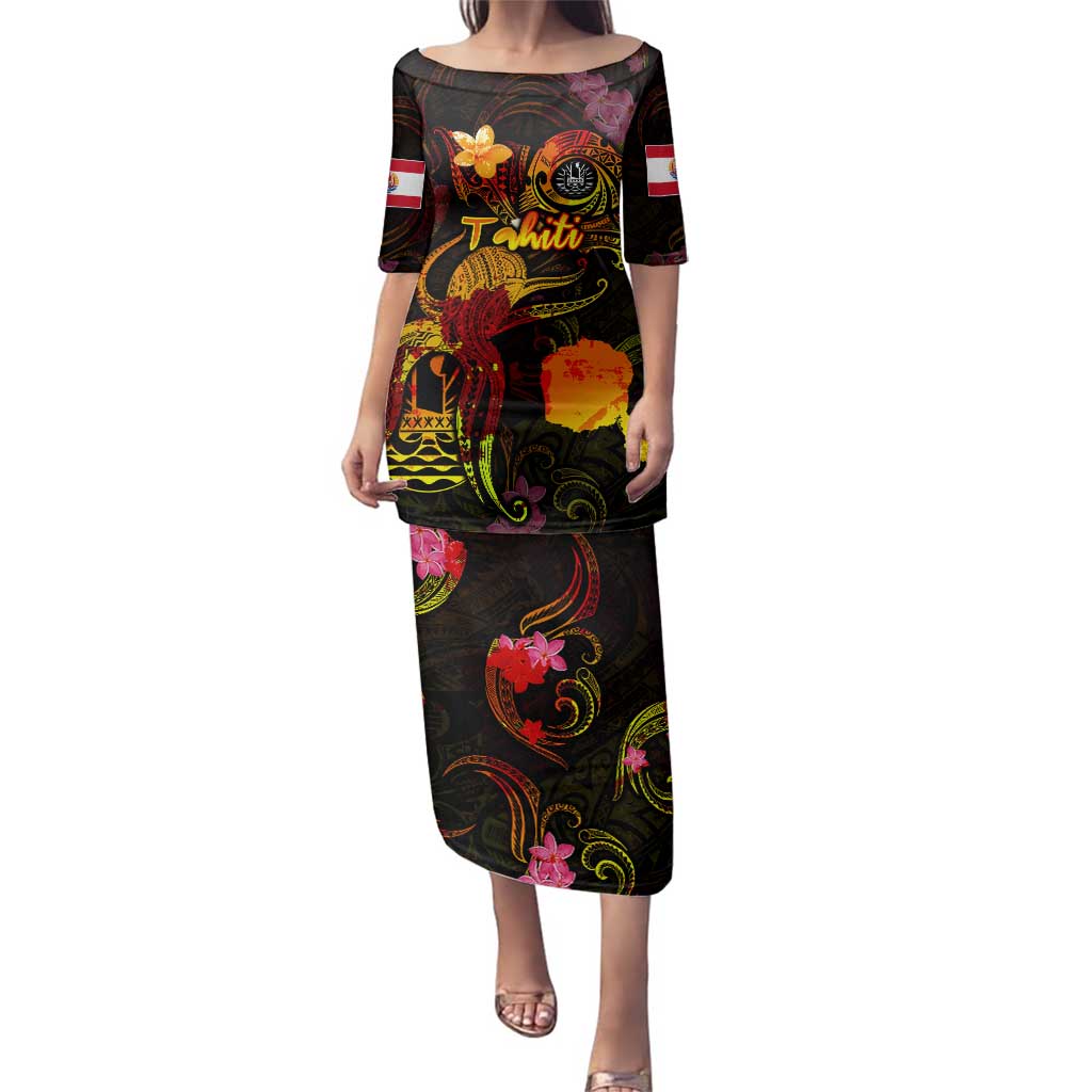 Tahiti French Polynesia Family Matching Puletasi and Hawaiian Shirt Octopus Plumeria Polynesian Tattoo DT02 Mom's Dress Black - Polynesian Pride