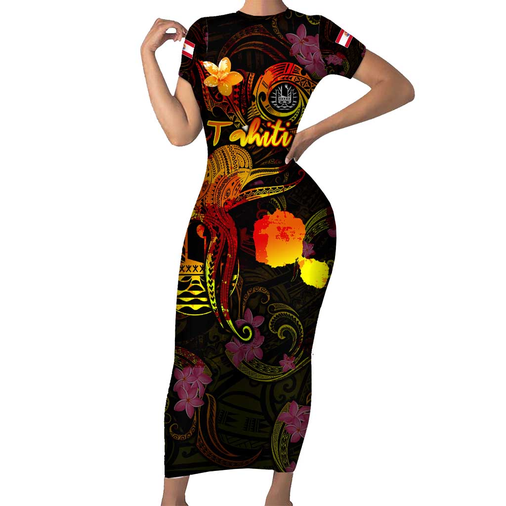Tahiti French Polynesia Family Matching Short Sleeve Bodycon Dress and Hawaiian Shirt Octopus Plumeria Polynesian Tattoo DT02 Mom's Dress Black - Polynesian Pride
