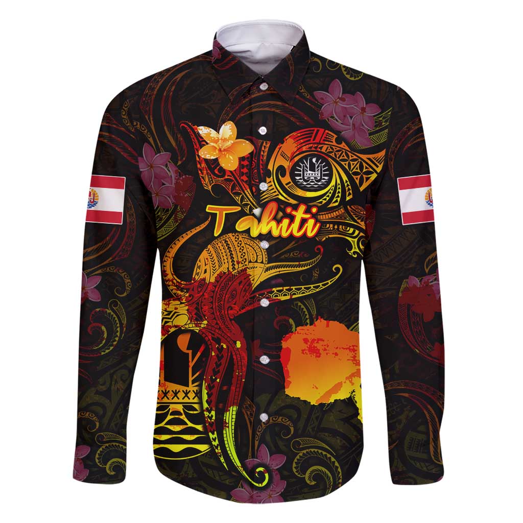 Tahiti French Polynesia Family Matching Summer Maxi Dress and Hawaiian Shirt Octopus Plumeria Polynesian Tattoo DT02 Dad's Shirt - Long Sleeve Black - Polynesian Pride
