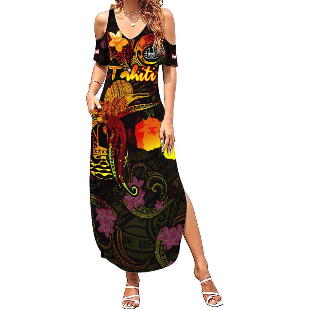 Tahiti French Polynesia Family Matching Summer Maxi Dress and Hawaiian Shirt Octopus Plumeria Polynesian Tattoo DT02 Mom's Dress Black - Polynesian Pride