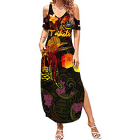 Tahiti French Polynesia Family Matching Summer Maxi Dress and Hawaiian Shirt Octopus Plumeria Polynesian Tattoo DT02 Mom's Dress Black - Polynesian Pride