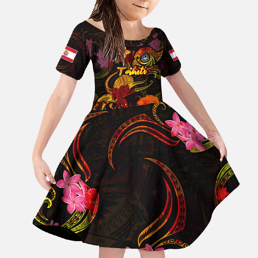 Tahiti French Polynesia Family Matching Tank Maxi Dress and Hawaiian Shirt Octopus Plumeria Polynesian Tattoo DT02 Daughter's Dress Black - Polynesian Pride