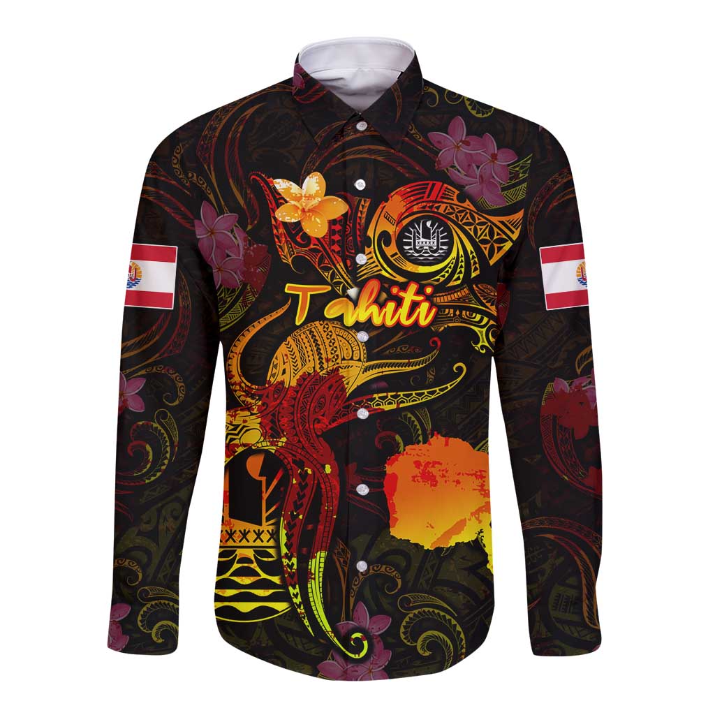 Tahiti French Polynesia Long Sleeve Button Shirt Octopus Plumeria Polynesian Tattoo DT02 Unisex Black - Polynesian Pride