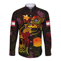 Tahiti French Polynesia Long Sleeve Button Shirt Octopus Plumeria Polynesian Tattoo DT02 Unisex Black - Polynesian Pride