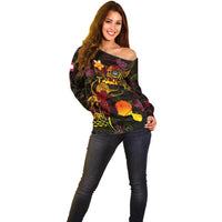 Tahiti French Polynesia Off Shoulder Sweater Octopus Plumeria Polynesian Tattoo