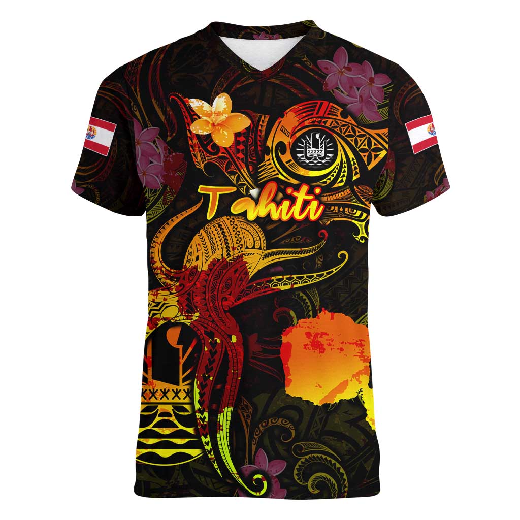 Tahiti French Polynesia Women V-Neck T-Shirt Octopus Plumeria Polynesian Tattoo