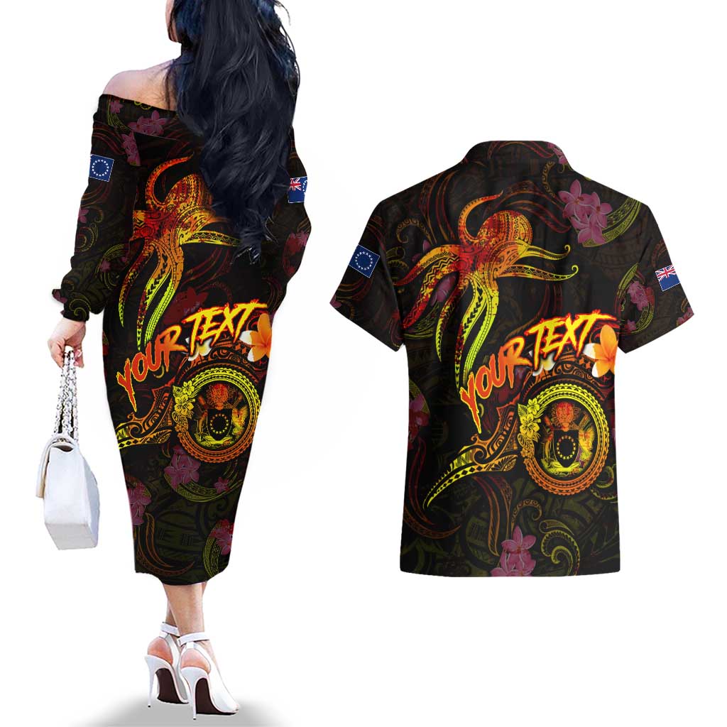 Cook Islands Couples Matching Off The Shoulder Long Sleeve Dress and Hawaiian Shirt Octopus Plumeria Polynesian Tattoo