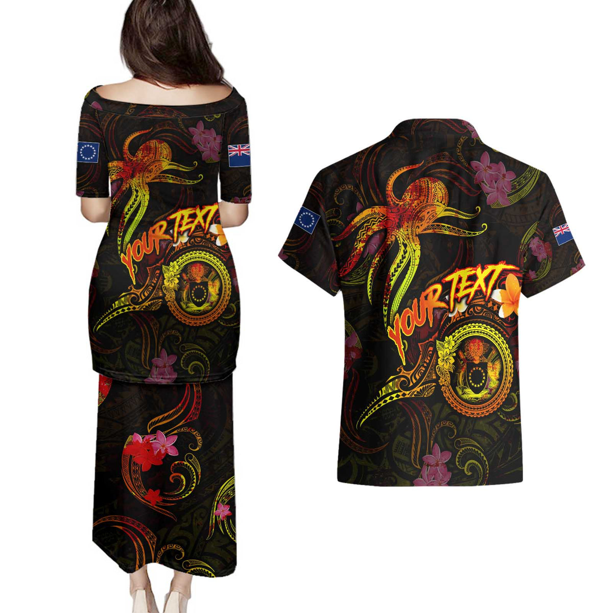 Cook Islands Couples Matching Puletasi and Hawaiian Shirt Octopus Plumeria Polynesian Tattoo