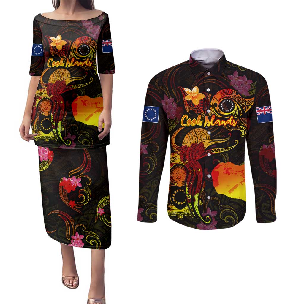 Cook Islands Couples Matching Puletasi and Long Sleeve Button Shirt Octopus Plumeria Polynesian Tattoo