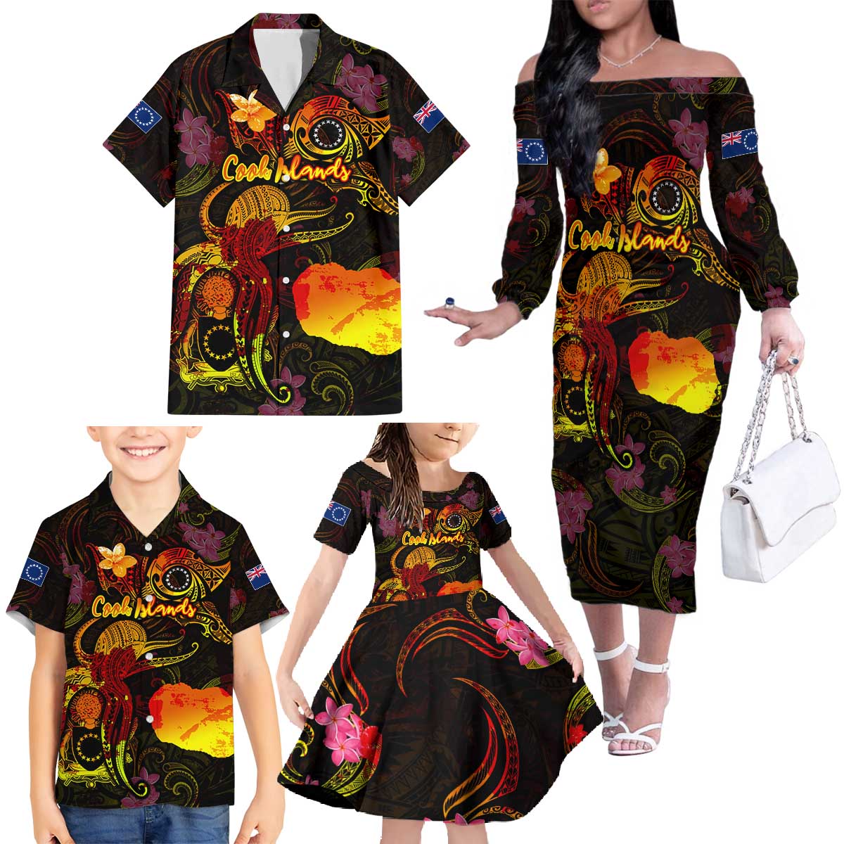 Cook Islands Family Matching Off The Shoulder Long Sleeve Dress and Hawaiian Shirt Octopus Plumeria Polynesian Tattoo DT02 - Polynesian Pride