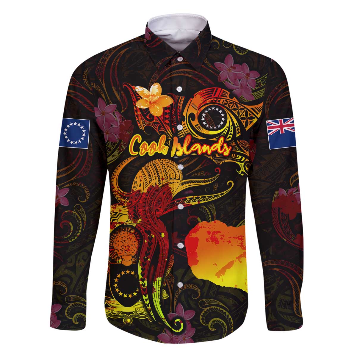 Cook Islands Family Matching Off The Shoulder Long Sleeve Dress and Hawaiian Shirt Octopus Plumeria Polynesian Tattoo DT02 Dad's Shirt - Long Sleeve Black - Polynesian Pride