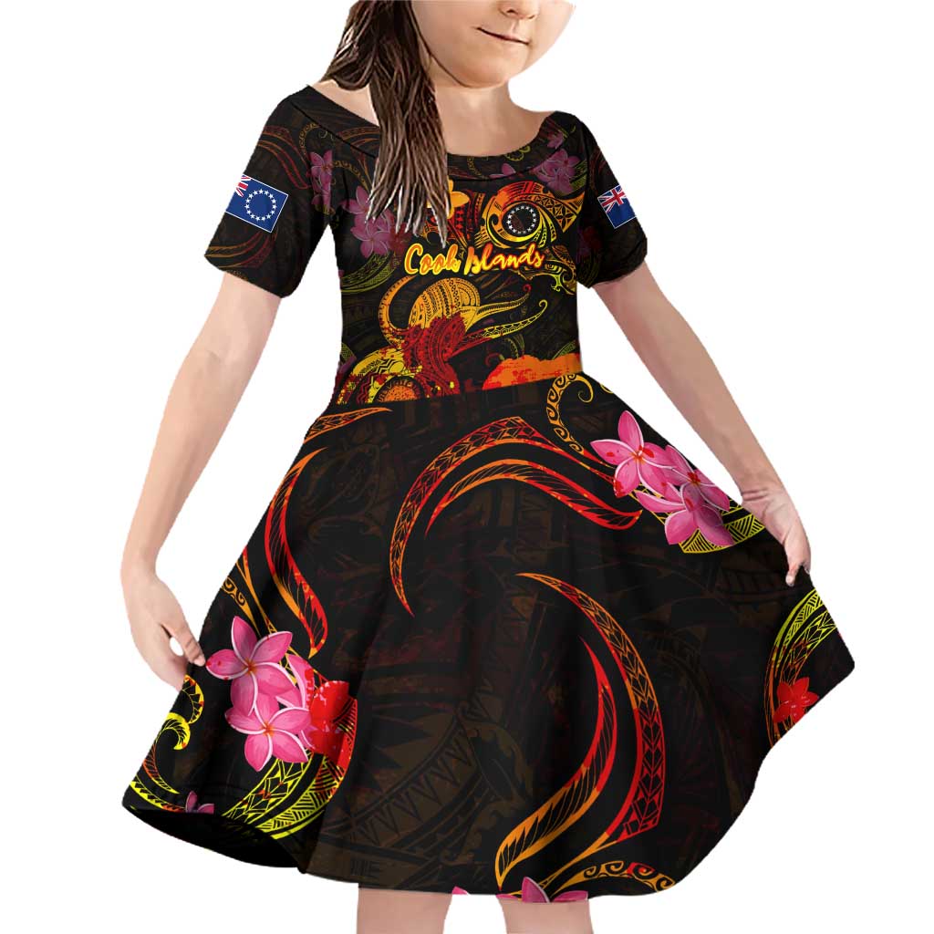 Cook Islands Family Matching Off Shoulder Short Dress and Hawaiian Shirt Octopus Plumeria Polynesian Tattoo DT02 Daughter's Dress Black - Polynesian Pride