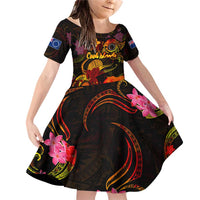 Cook Islands Family Matching Off Shoulder Short Dress and Hawaiian Shirt Octopus Plumeria Polynesian Tattoo DT02 Daughter's Dress Black - Polynesian Pride
