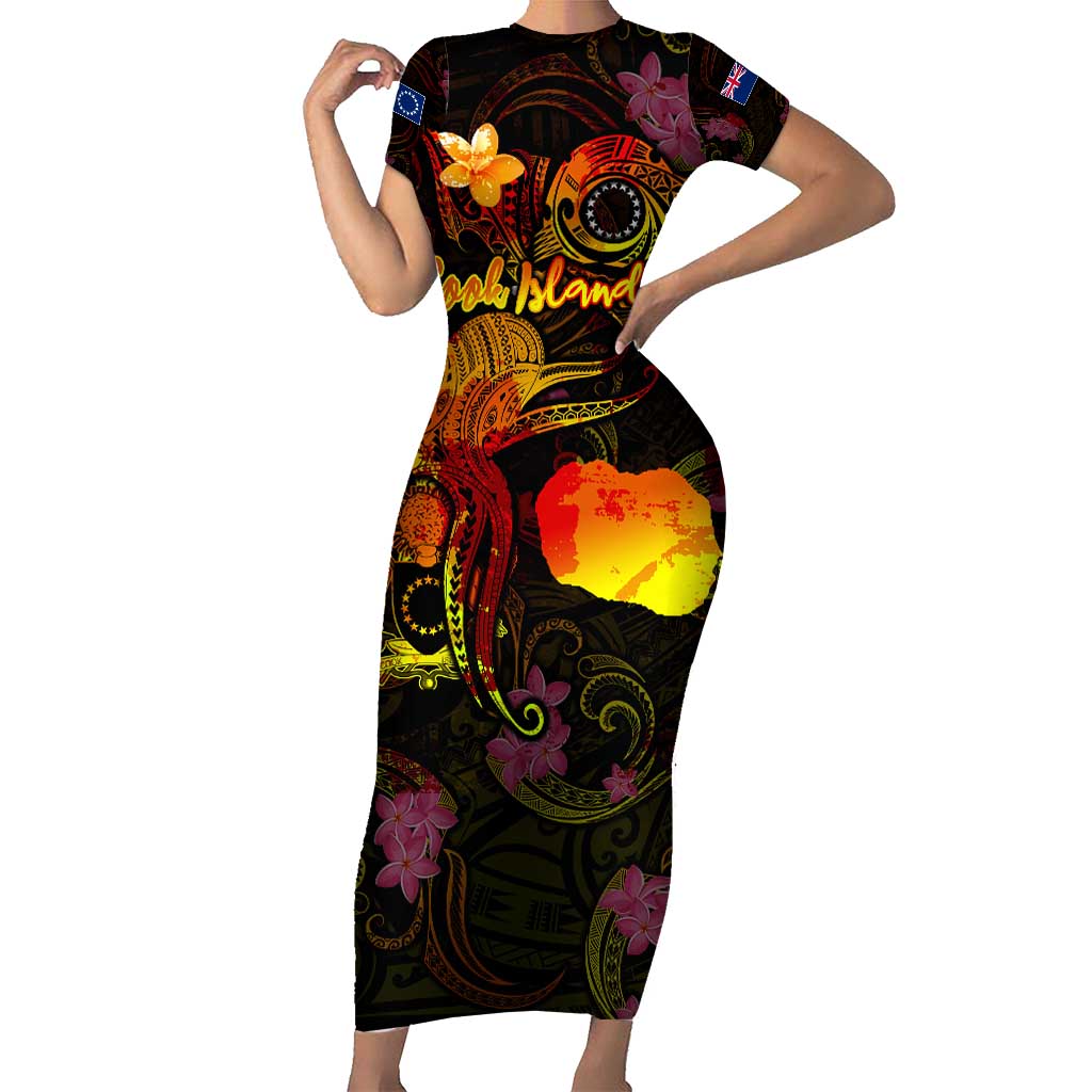 Cook Islands Family Matching Short Sleeve Bodycon Dress and Hawaiian Shirt Octopus Plumeria Polynesian Tattoo DT02 Mom's Dress Black - Polynesian Pride