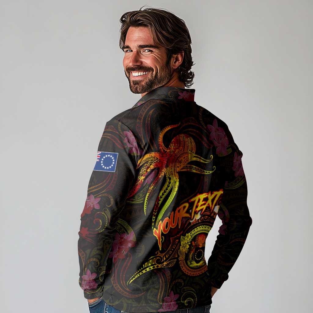 Cook Islands Long Sleeve Polo Shirt Octopus Plumeria Polynesian Tattoo