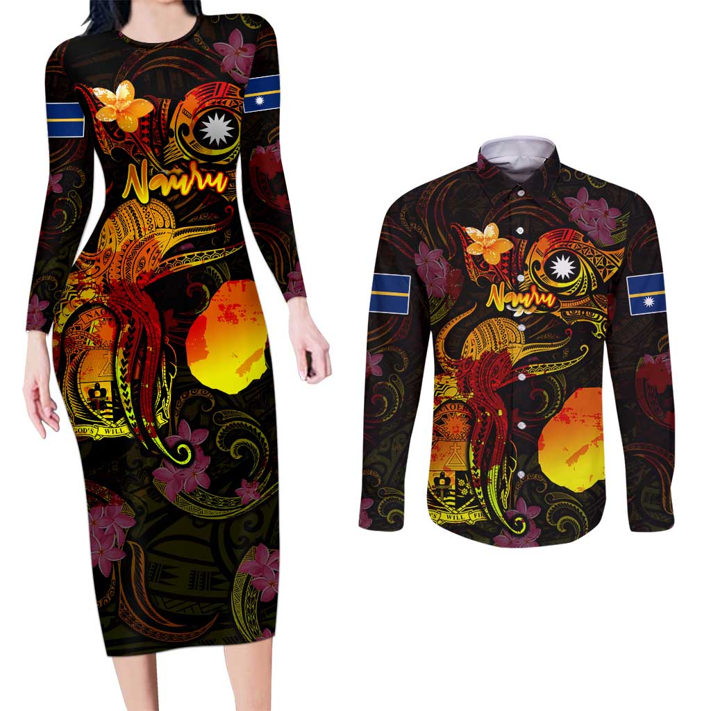 Nauru Couples Matching Long Sleeve Bodycon Dress and Long Sleeve Button Shirt Octopus Plumeria Polynesian Tattoo