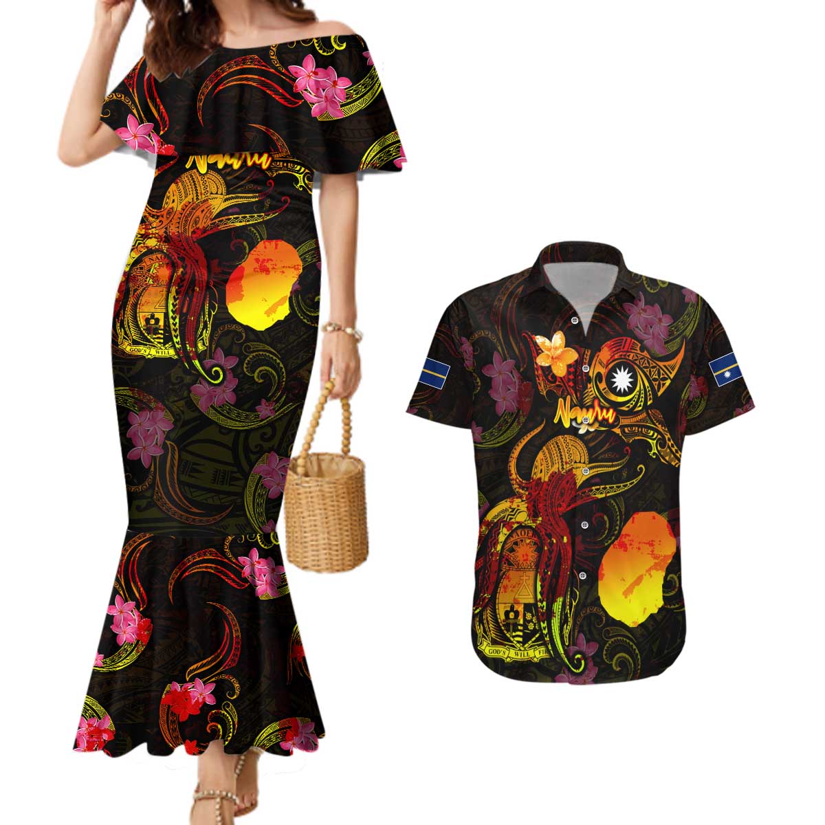 Nauru Couples Matching Mermaid Dress and Hawaiian Shirt Octopus Plumeria Polynesian Tattoo