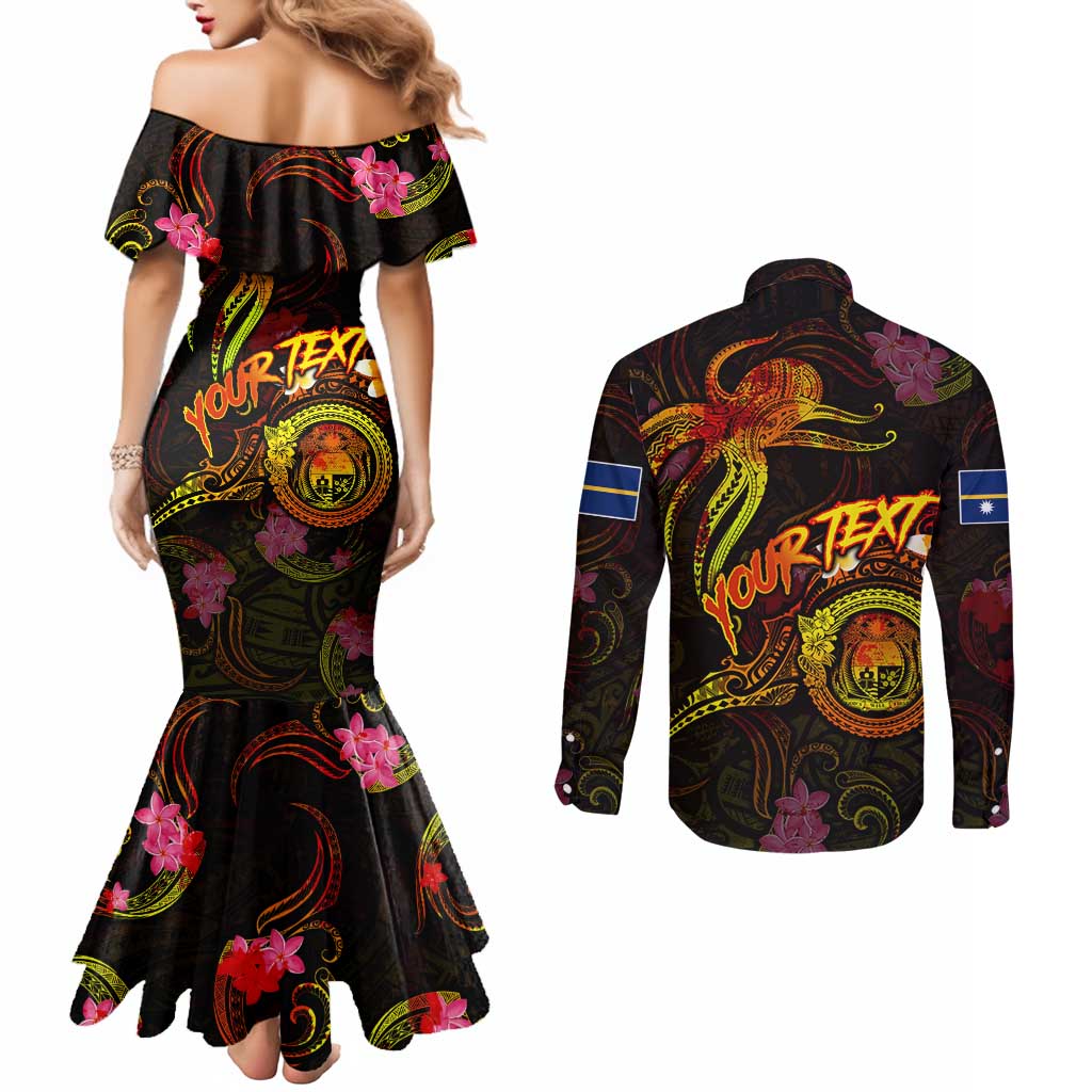 Nauru Couples Matching Mermaid Dress and Long Sleeve Button Shirt Octopus Plumeria Polynesian Tattoo