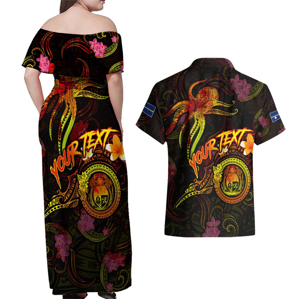 Nauru Couples Matching Off Shoulder Maxi Dress and Hawaiian Shirt Octopus Plumeria Polynesian Tattoo
