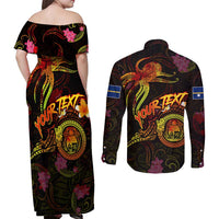 Nauru Couples Matching Off Shoulder Maxi Dress and Long Sleeve Button Shirt Octopus Plumeria Polynesian Tattoo