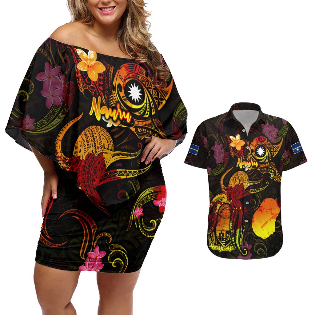 Nauru Couples Matching Off Shoulder Short Dress and Hawaiian Shirt Octopus Plumeria Polynesian Tattoo