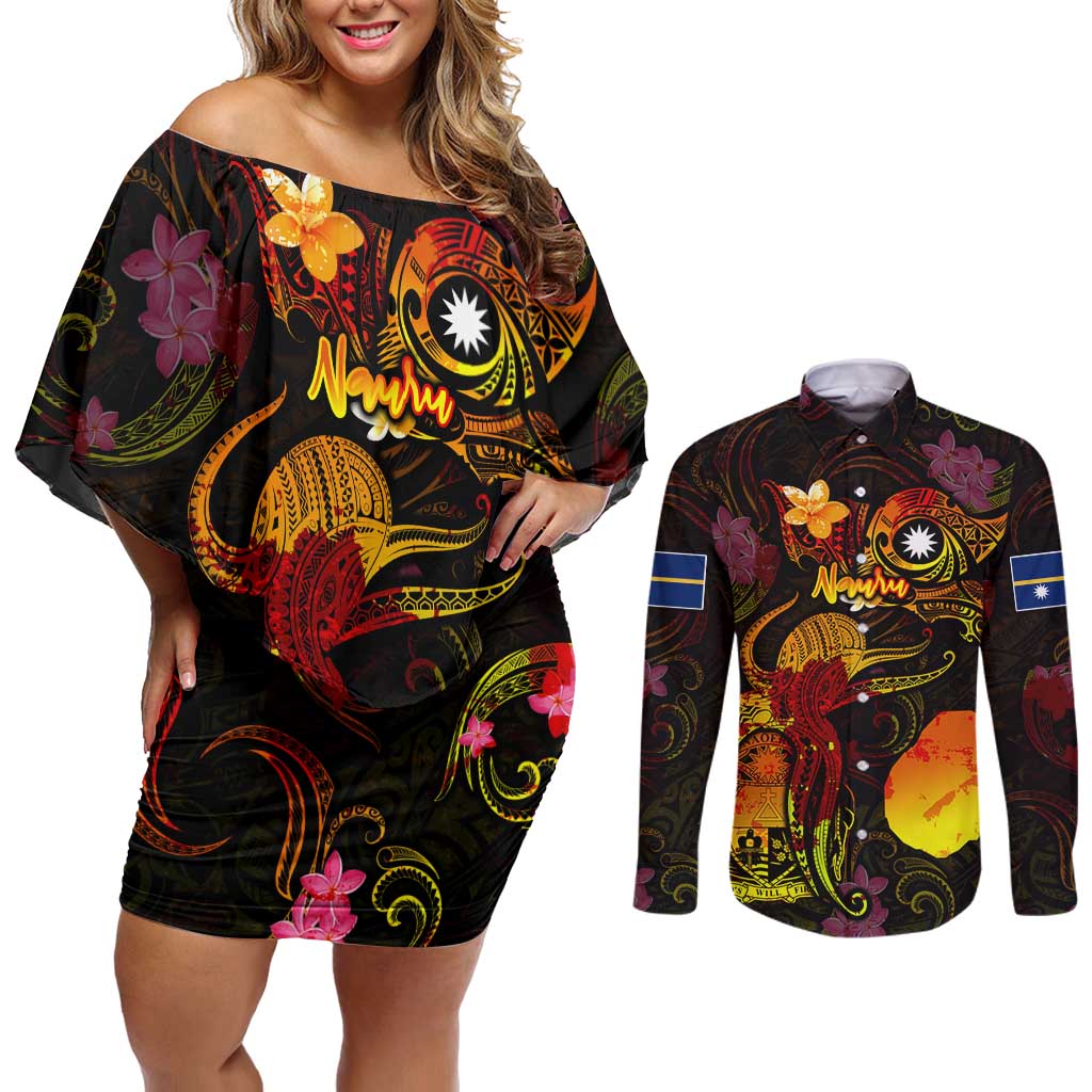 Nauru Couples Matching Off Shoulder Short Dress and Long Sleeve Button Shirt Octopus Plumeria Polynesian Tattoo