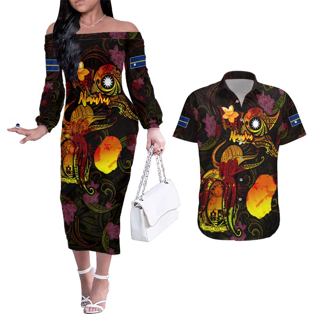 Nauru Couples Matching Off The Shoulder Long Sleeve Dress and Hawaiian Shirt Octopus Plumeria Polynesian Tattoo
