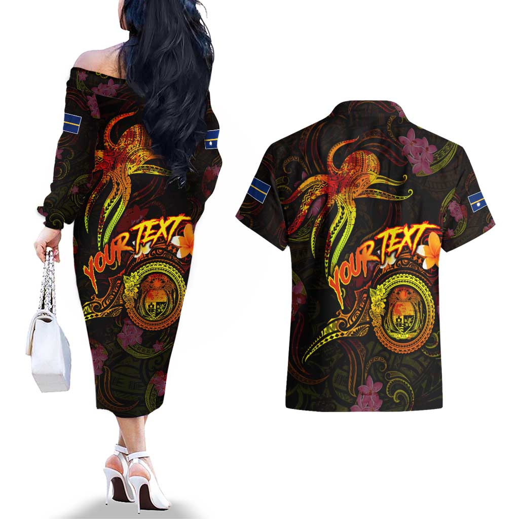Nauru Couples Matching Off The Shoulder Long Sleeve Dress and Hawaiian Shirt Octopus Plumeria Polynesian Tattoo