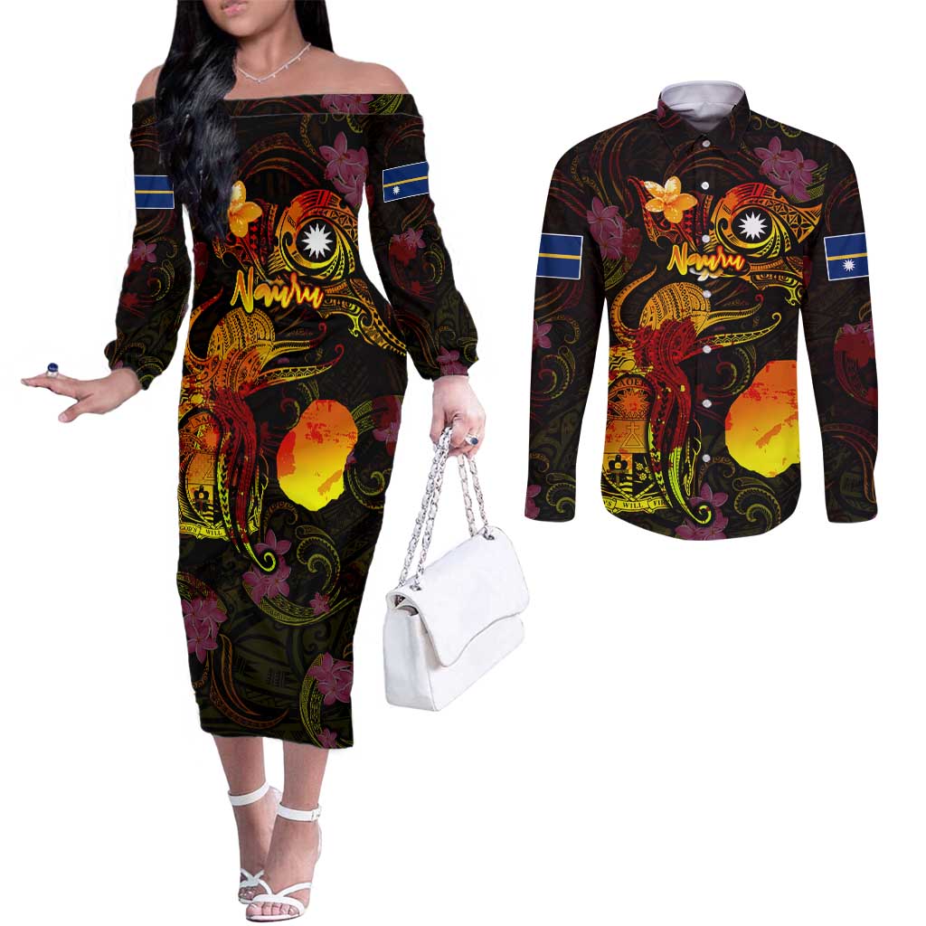 Nauru Couples Matching Off The Shoulder Long Sleeve Dress and Long Sleeve Button Shirt Octopus Plumeria Polynesian Tattoo