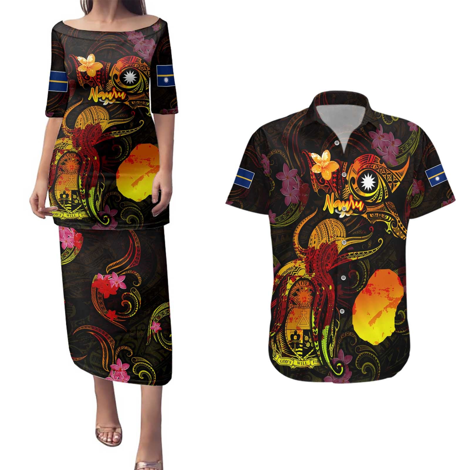 Nauru Couples Matching Puletasi and Hawaiian Shirt Octopus Plumeria Polynesian Tattoo