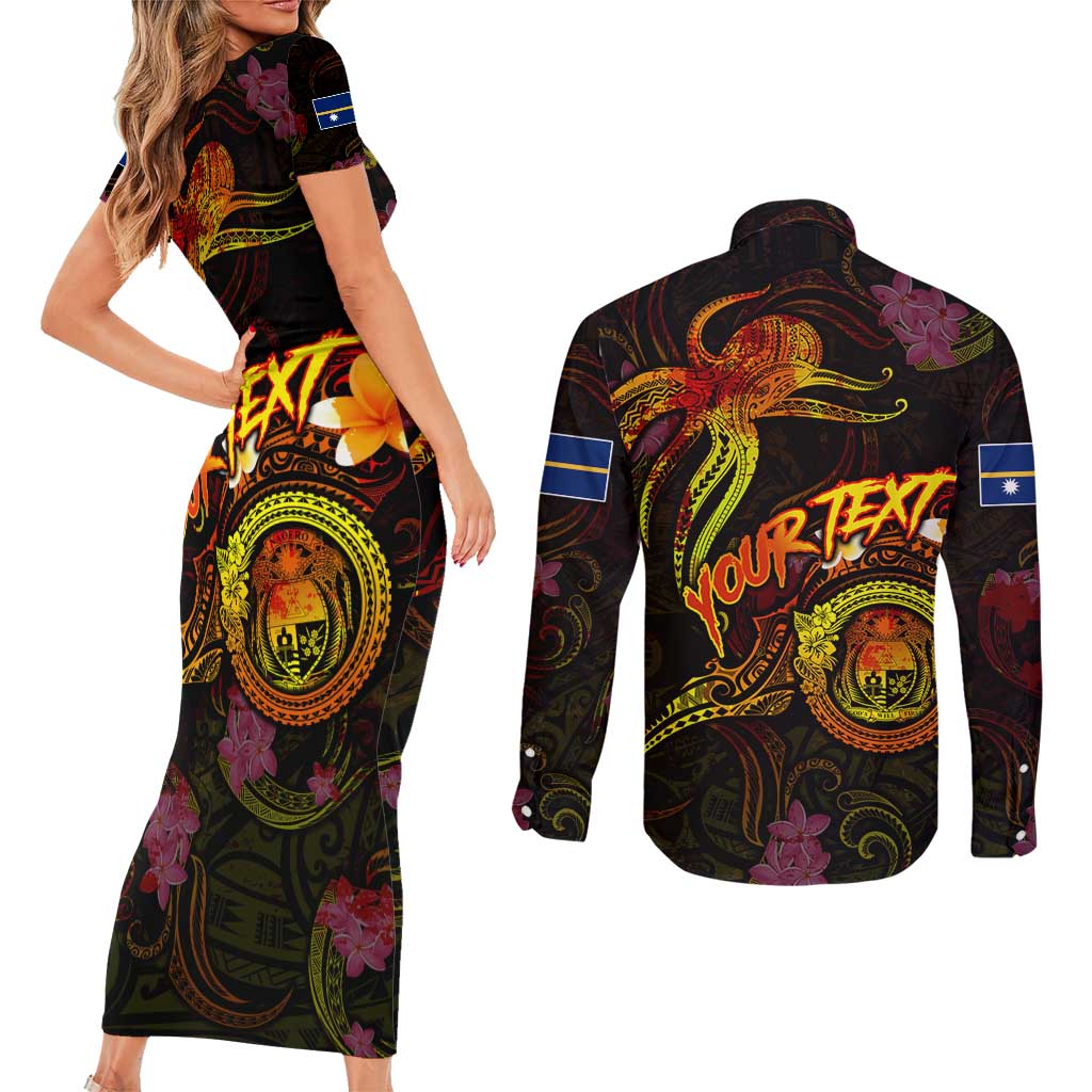 Nauru Couples Matching Short Sleeve Bodycon Dress and Long Sleeve Button Shirt Octopus Plumeria Polynesian Tattoo