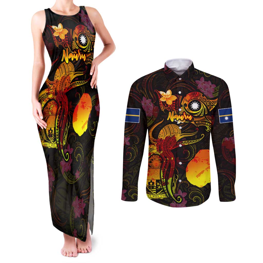 Nauru Couples Matching Tank Maxi Dress and Long Sleeve Button Shirt Octopus Plumeria Polynesian Tattoo