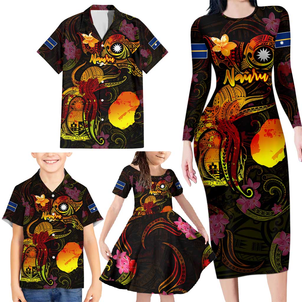 Nauru Family Matching Long Sleeve Bodycon Dress and Hawaiian Shirt Octopus Plumeria Polynesian Tattoo