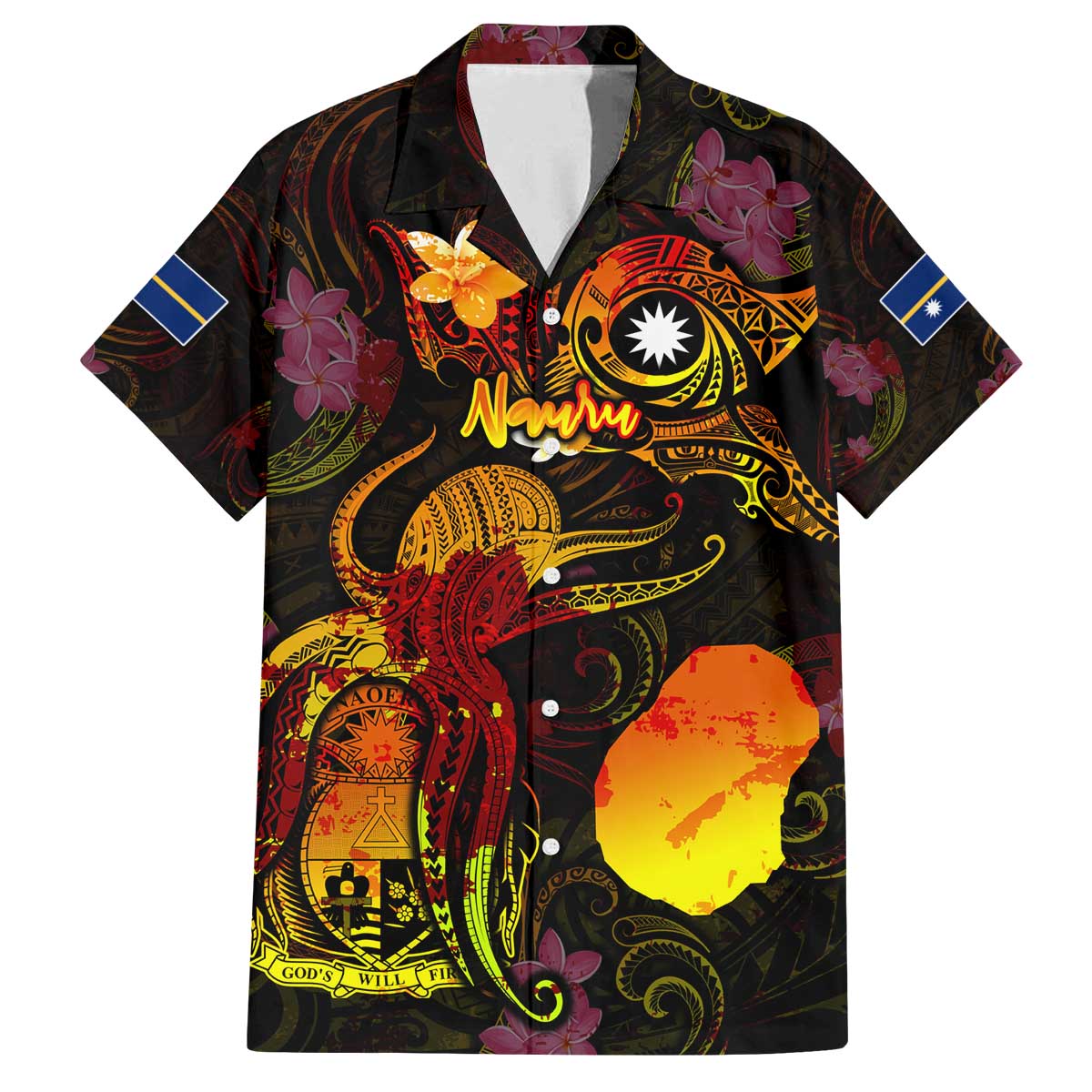 Nauru Family Matching Off The Shoulder Long Sleeve Dress and Hawaiian Shirt Octopus Plumeria Polynesian Tattoo DT02 Dad's Shirt - Short Sleeve Black - Polynesian Pride