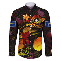 Nauru Family Matching Off The Shoulder Long Sleeve Dress and Hawaiian Shirt Octopus Plumeria Polynesian Tattoo DT02 Dad's Shirt - Long Sleeve Black - Polynesian Pride