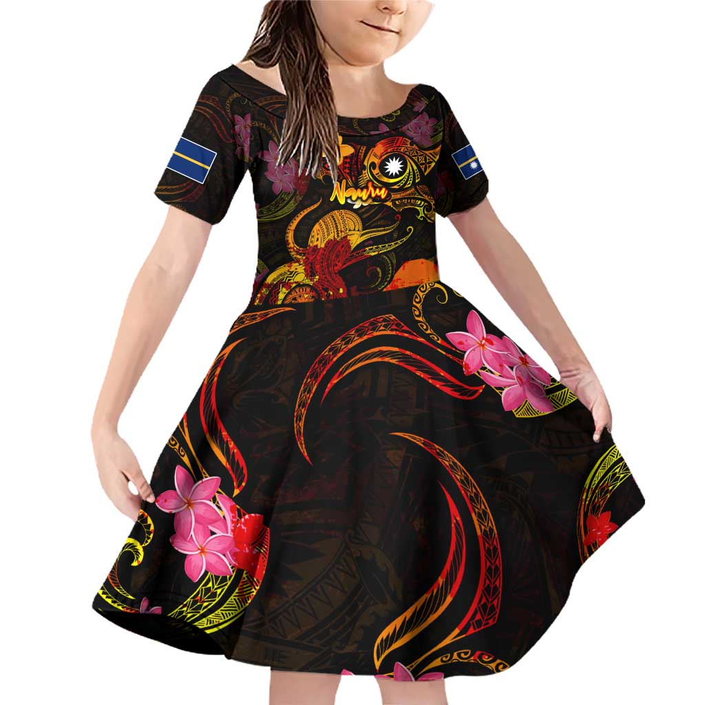 Nauru Family Matching Off Shoulder Short Dress and Hawaiian Shirt Octopus Plumeria Polynesian Tattoo DT02 Daughter's Dress Black - Polynesian Pride