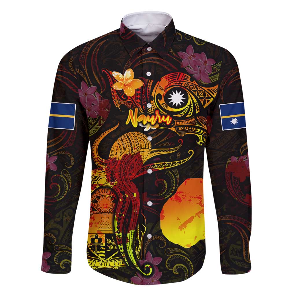 Nauru Family Matching Tank Maxi Dress and Hawaiian Shirt Octopus Plumeria Polynesian Tattoo DT02 Dad's Shirt - Long Sleeve Black - Polynesian Pride