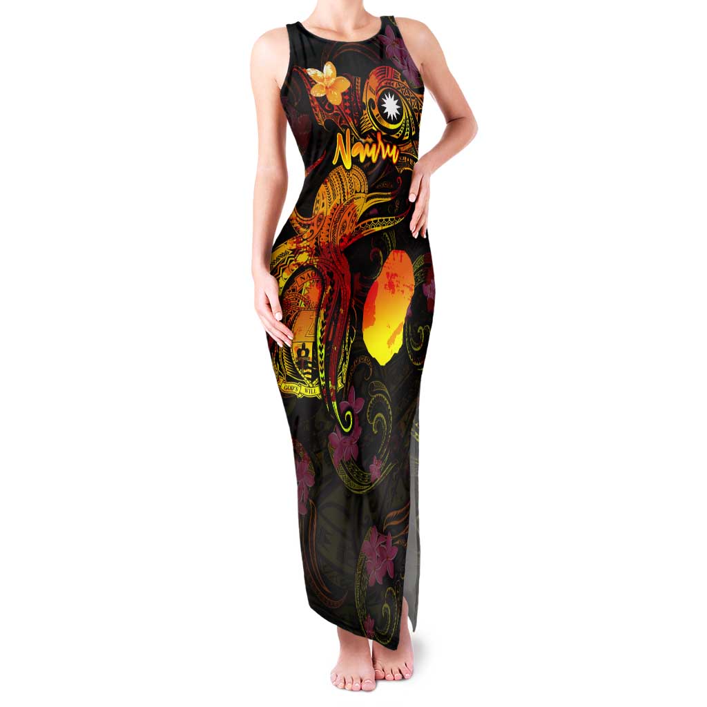 Nauru Family Matching Tank Maxi Dress and Hawaiian Shirt Octopus Plumeria Polynesian Tattoo DT02 Mom's Dress Black - Polynesian Pride