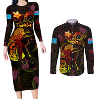 Tuvalu Couples Matching Long Sleeve Bodycon Dress and Long Sleeve Button Shirt Octopus Plumeria Polynesian Tattoo