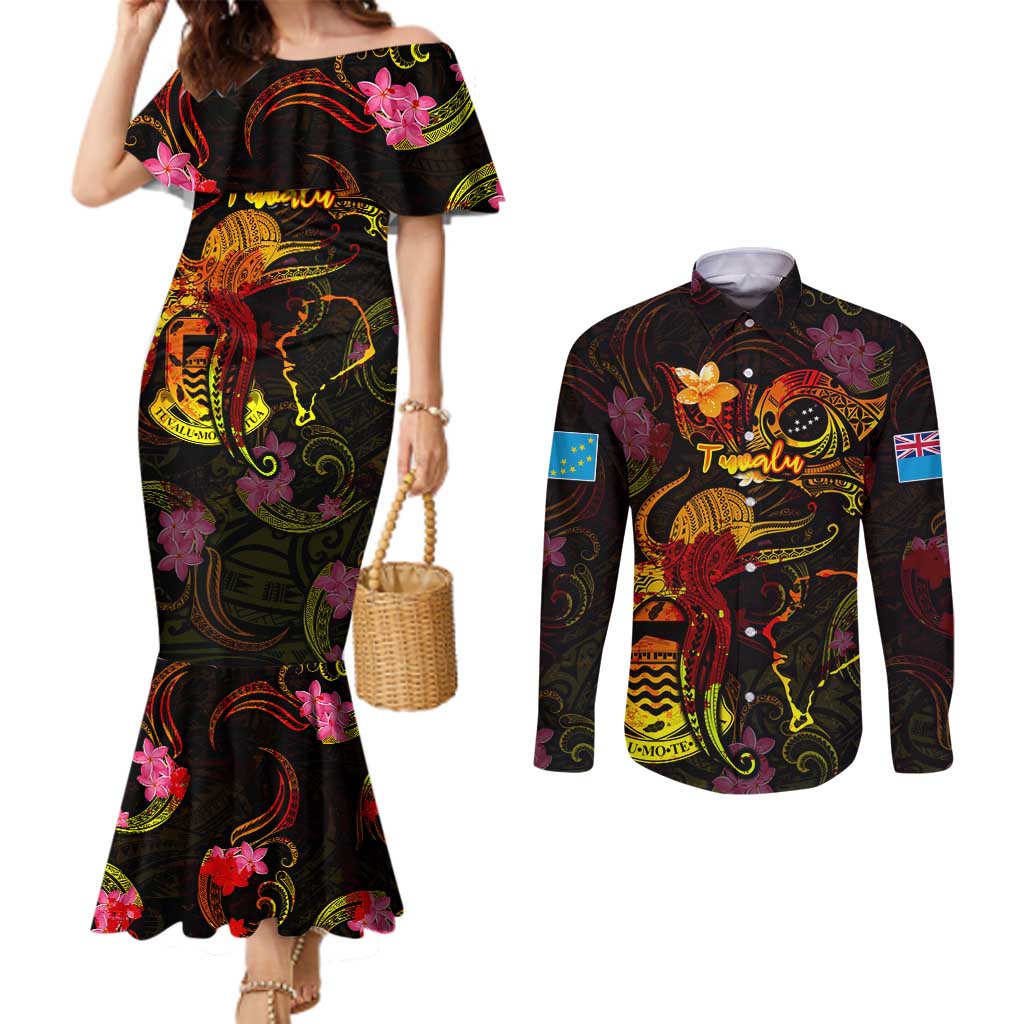 Tuvalu Couples Matching Mermaid Dress and Long Sleeve Button Shirt Octopus Plumeria Polynesian Tattoo