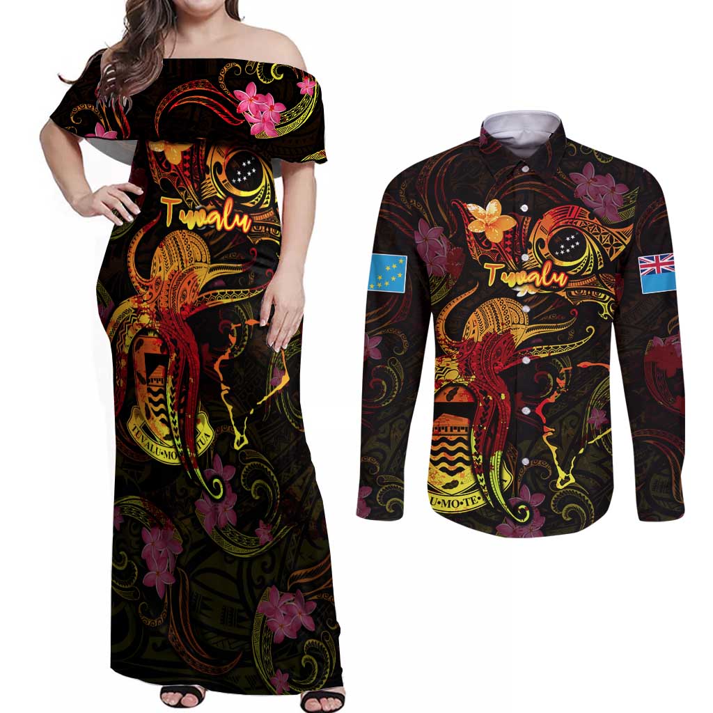 Tuvalu Couples Matching Off Shoulder Maxi Dress and Long Sleeve Button Shirt Octopus Plumeria Polynesian Tattoo
