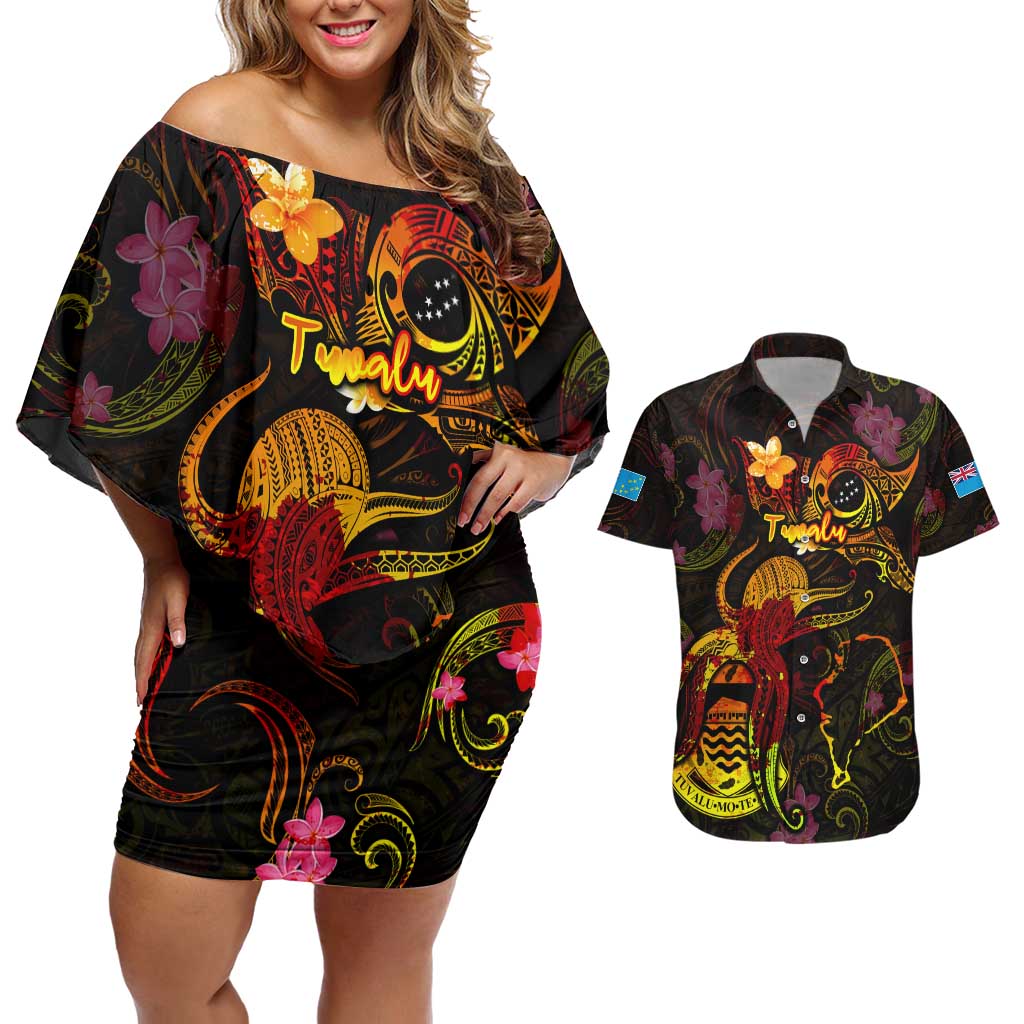 Tuvalu Couples Matching Off Shoulder Short Dress and Hawaiian Shirt Octopus Plumeria Polynesian Tattoo