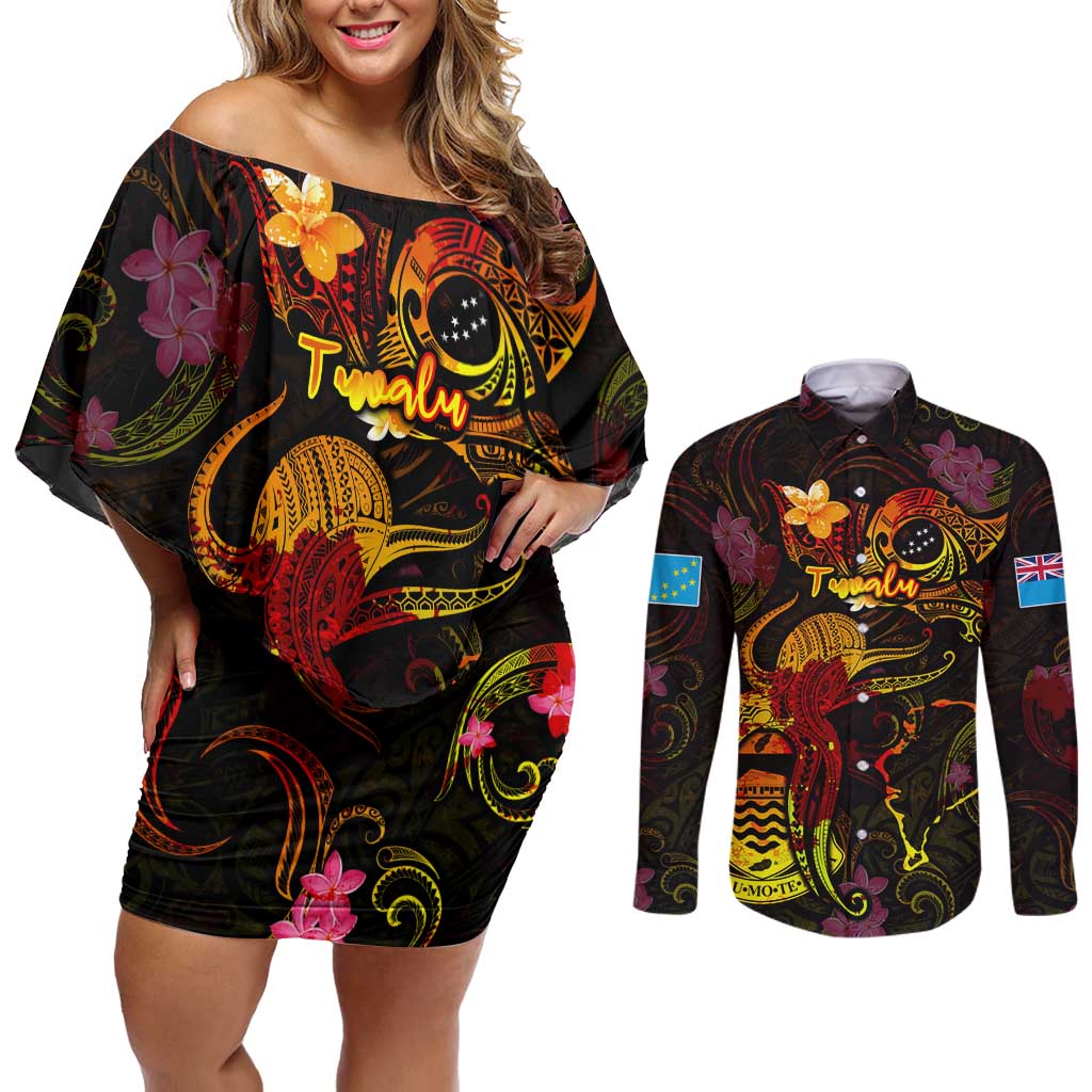 Tuvalu Couples Matching Off Shoulder Short Dress and Long Sleeve Button Shirt Octopus Plumeria Polynesian Tattoo