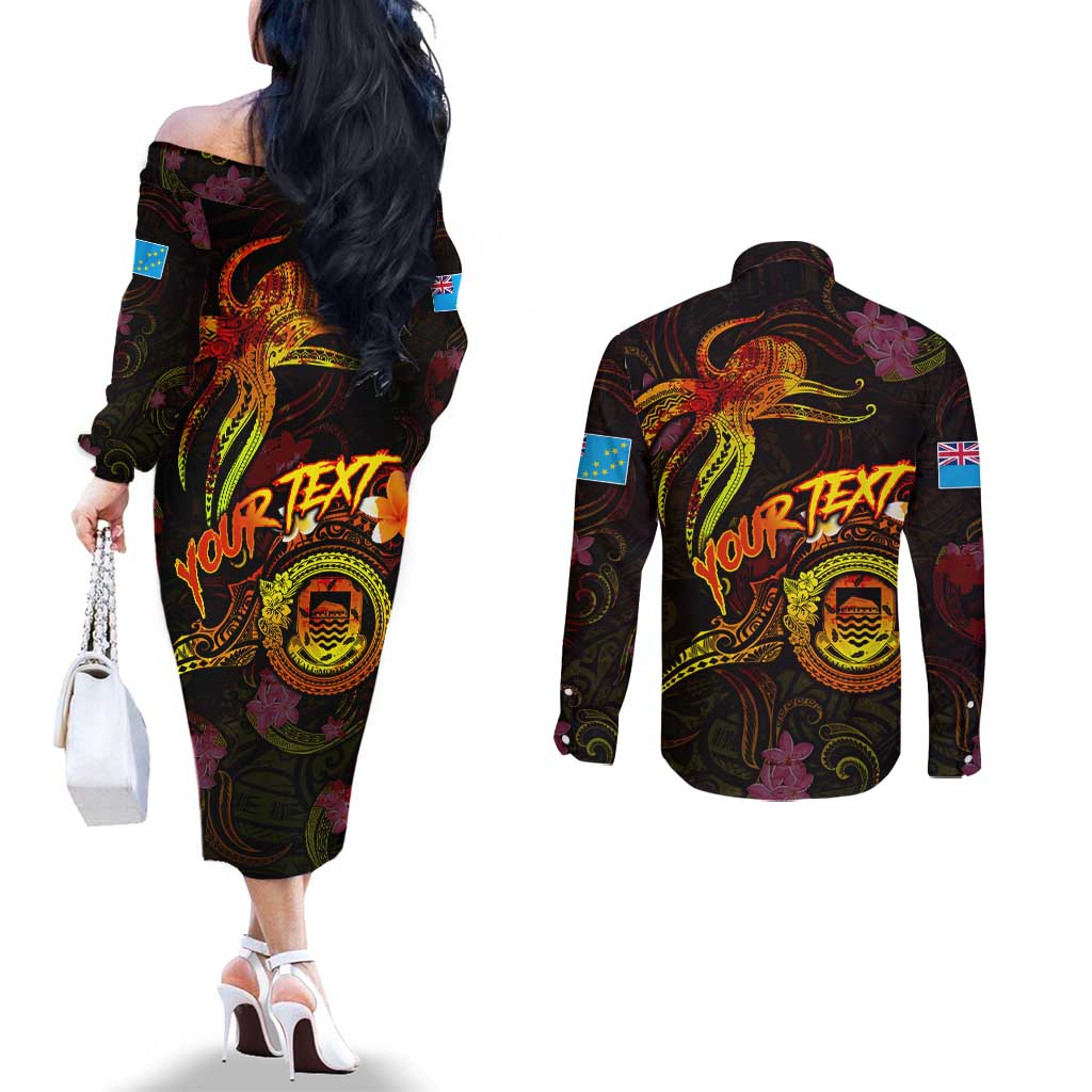 Tuvalu Couples Matching Off The Shoulder Long Sleeve Dress and Long Sleeve Button Shirt Octopus Plumeria Polynesian Tattoo