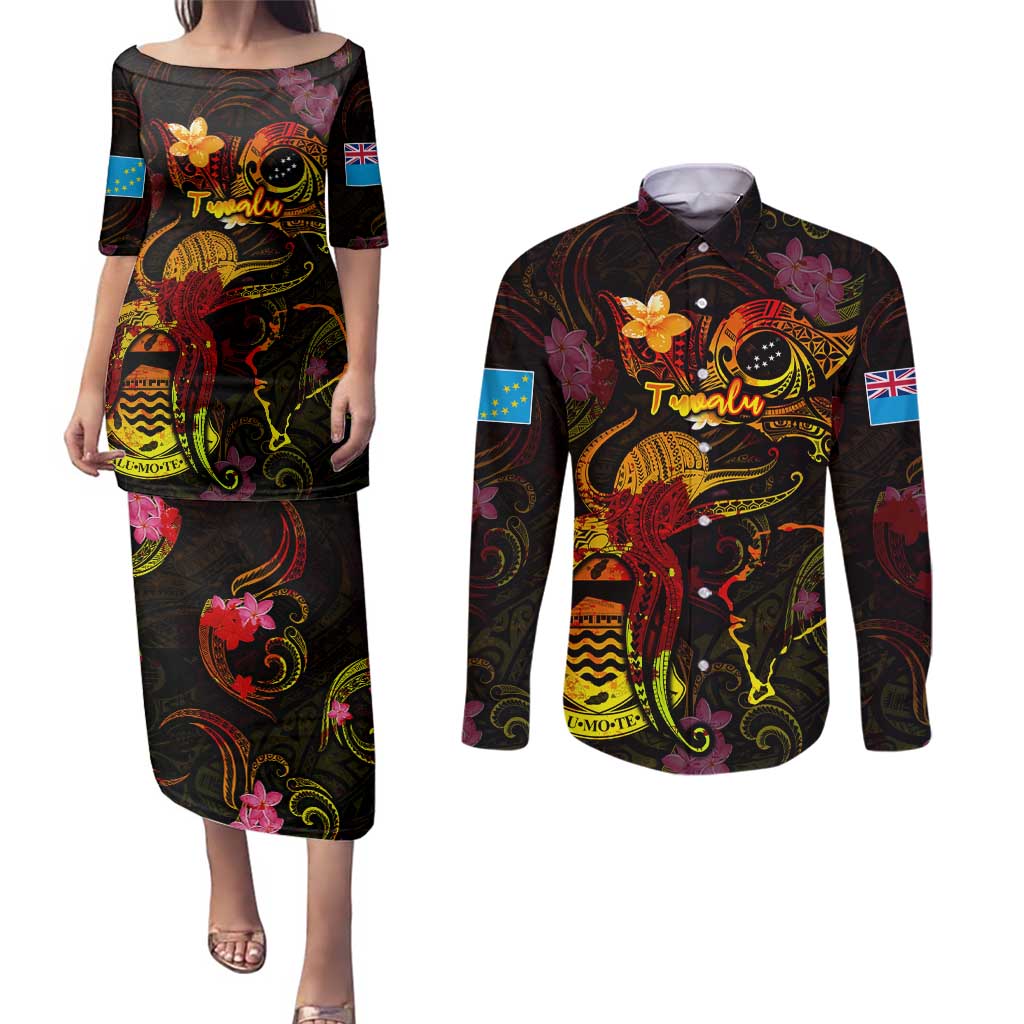 Tuvalu Couples Matching Puletasi and Long Sleeve Button Shirt Octopus Plumeria Polynesian Tattoo